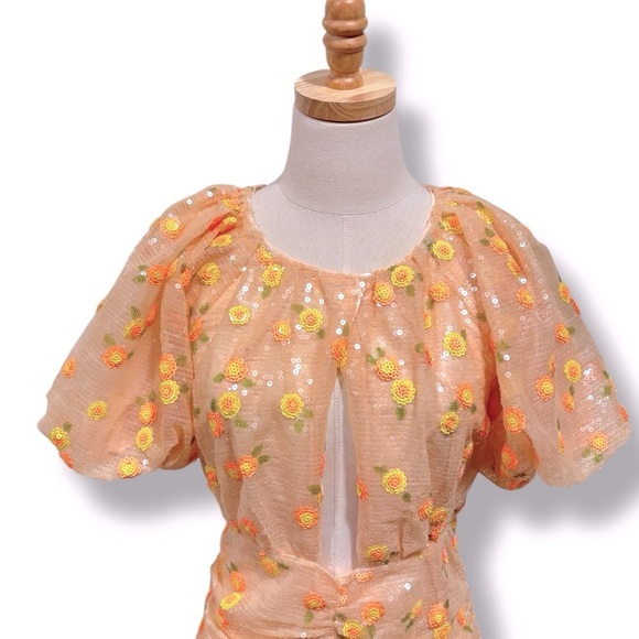 NWT For Love & Lemons Ryder Sequin Floral Mini Dress in Tangerine Size: Small - Picture 3 of 14